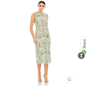 Mac Duggal Green Sheath Midi Dress Mock Neck Sleeveless